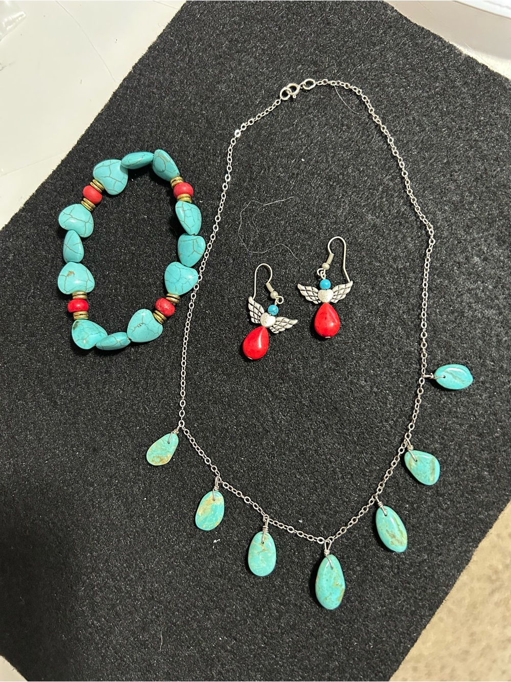 Turquoise Teardrop Necklace, Bracelet & Red Drop Earrings Set